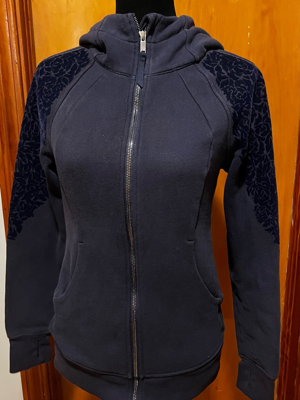 lululemon athletica Navy Zip-Up Hoodie with Floral Shoulder Accents